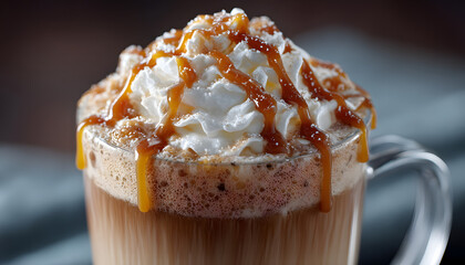 Creamy caramel latte beverage crowned with whipped cream, rich caramel drizzle. Indulgent cold coffee drink features layers of smooth coffee, milk, sweet caramel syrup swirled together in clear cup,