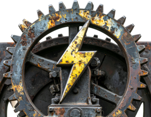 Gear with engraved lightning bolt symbol – Steel cogwheel with detailed engraved lightning bolt in center, weathered industrial surface, isolated on transparent PNG background, ideal for energy and po