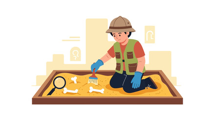 Young paleontologist excavating dinosaur bones with brush and magnifying glass for science learning on white background