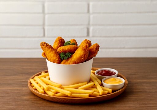 Golden crispy chicken tenders in a white bucket, garnished with parsley, served with French fries and dipping sauces of ketchup and cheese on a wooden plate against a white brick wall