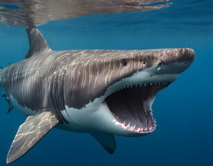 Naklejka premium great blue shark background, Basking Shark Filter-Feeding Underwater