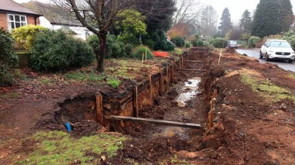 Construction Site with Excavation and Wooden Supports in Suburb Area