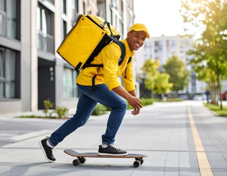 Smiling delivery person on skateboard