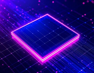 Neon-lit square chip on a grid