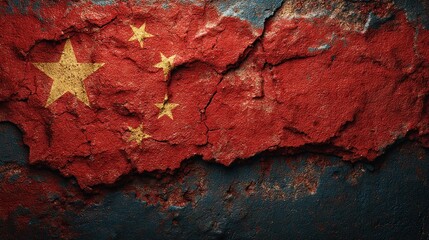 Weathered chinese flag on cracked wall