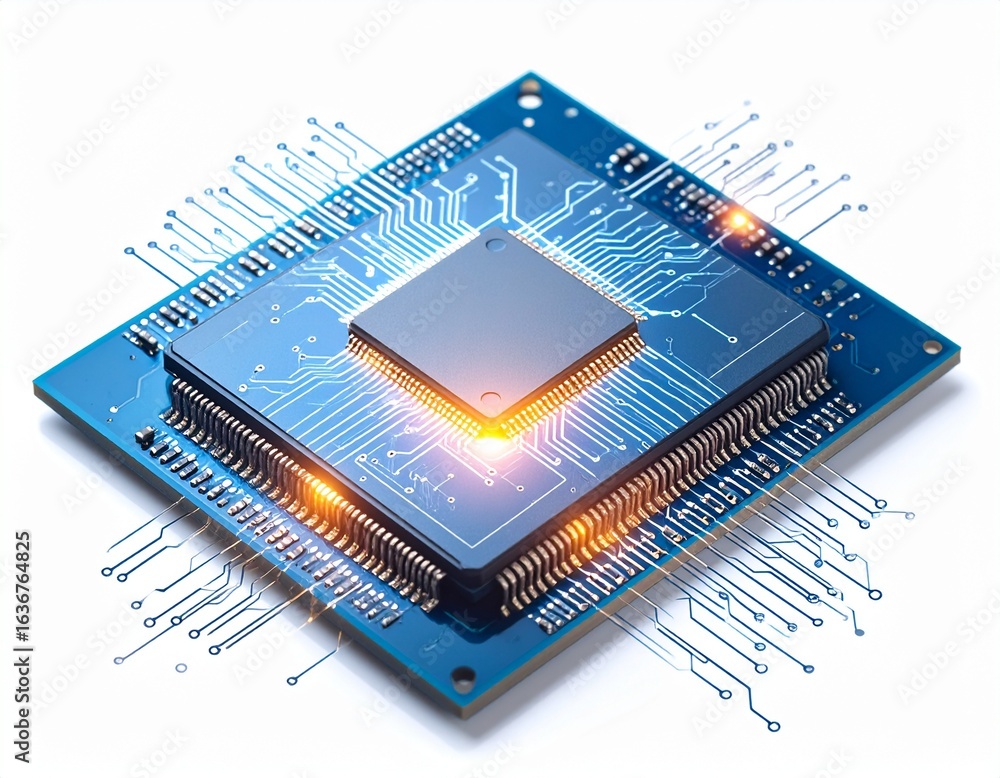 Poster a glowing central processor unit on a blue printed circuit board with intricate connections against 