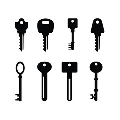 Collection of Eight Different Black Key Silhouettes on White Background for Security and Access Concepts Vector Illustration
