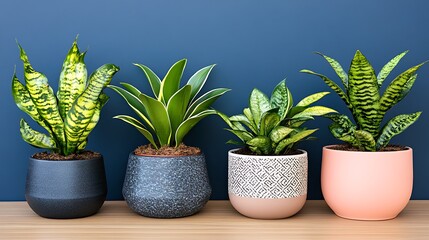 Four potted plants in various colored pots against a blue backdrop.