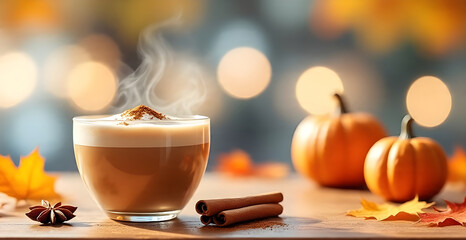 Pumpkin spice latte on wooden table with cinnamon 