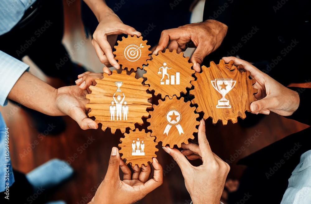 Poster a dynamic image showcasing hands of professionals holding gears adorned with symbols of teamwork and