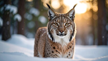 Fototapeta premium Lynx in snowy forest at sunset