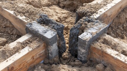 Fototapeta premium Construction Site with Wooden Beams and Freshly Poured Concrete