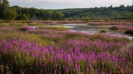 Vibrant purple wildflowers bloom abundantly in a serene wetland landscape under a cloudy sky