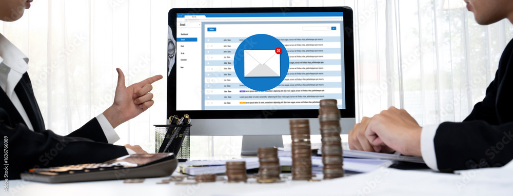 Poster email notification message showing on computer screen brisk. digital marketing message information t