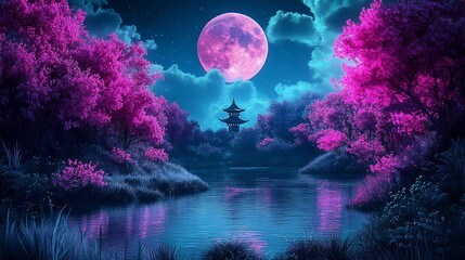 Obraz premium Pink Moon Illuminates Japanese Pagoda & Cherry Blossoms, Reflecting Serene Beauty Over Still Lake.