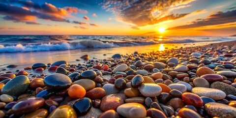 Obraz premium Photo of colorful pebbles on the beach reflecting the golden sunset light in the sea, creating a serene and picturesque seascape with a tranquil and relaxing atmosphere