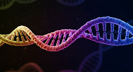 A hyper-realistic, macro shot of a complex DNA helix, glowing with vibrant neon colors against a dark, minimalist background