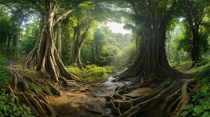 Majestic trees with sprawling roots line a small stream in the lush, vibrant tropical forest.