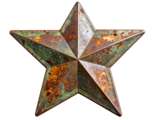 Rusted star-shaped metal badge – Photorealistic rusted star-shaped metal badge with worn edges and corroded texture, high detail, isolated on transparent PNG background, ideal for vintage and industri