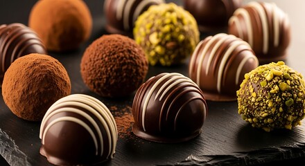 Decadent gourmet chocolate truffles on a dark slate board. An assortment of handcrafted bonbons for a luxurious treat.