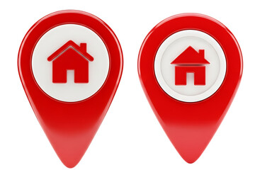 Two red house location pointers isolated on transparent background