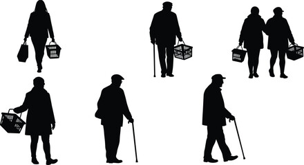 Silhouettes of diverse people shopping, carrying baskets, walking with canes, isolated black and white figures, stock photo for commercial use