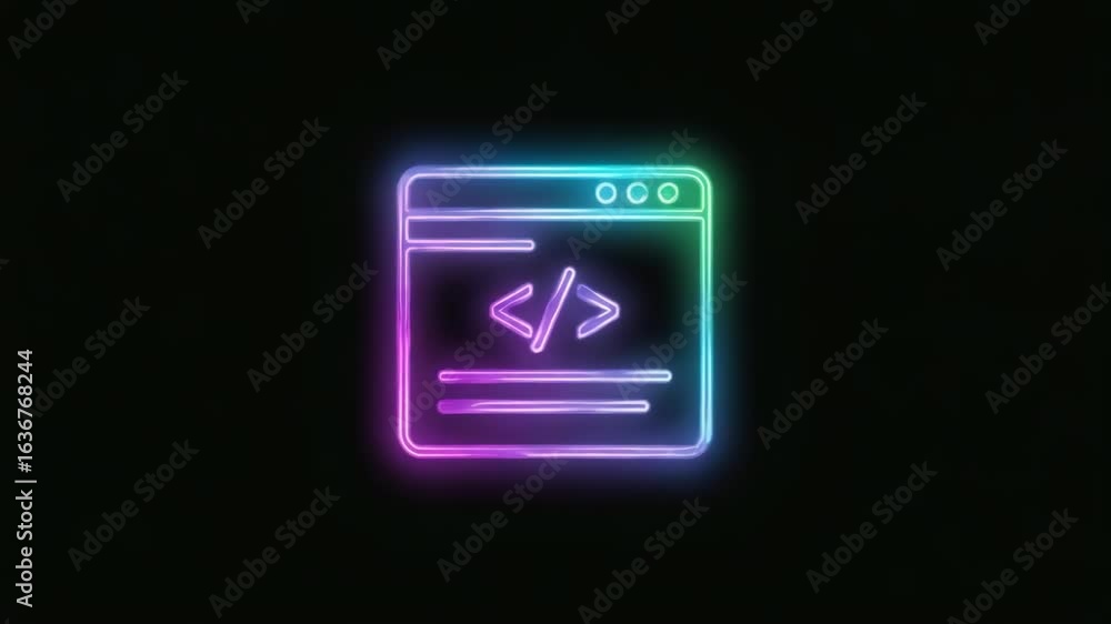 Poster glowing neon website interface with coding brackets symbolizing web development and programming on a