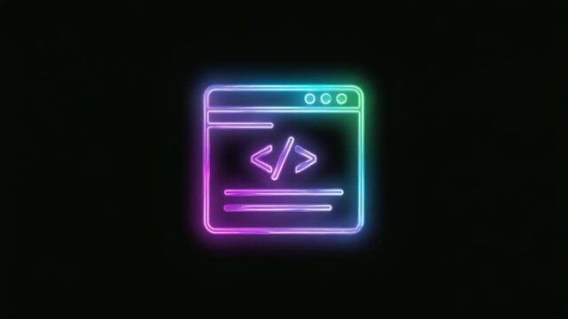 Glowing neon website interface with coding brackets symbolizing web development and programming on a dark background, representing online software creation