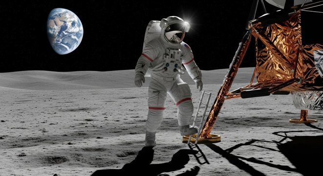 Male astronaut on lunar surface with lander and earth. Space exploration mission concept. Future of space travel.