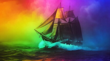A sailing ship on a rainbow ocean sails through stormy waters, evoking fantasy & adventure