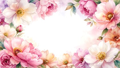 Floral Watercolor Frame with Pink and Peach Flowers for Invitations