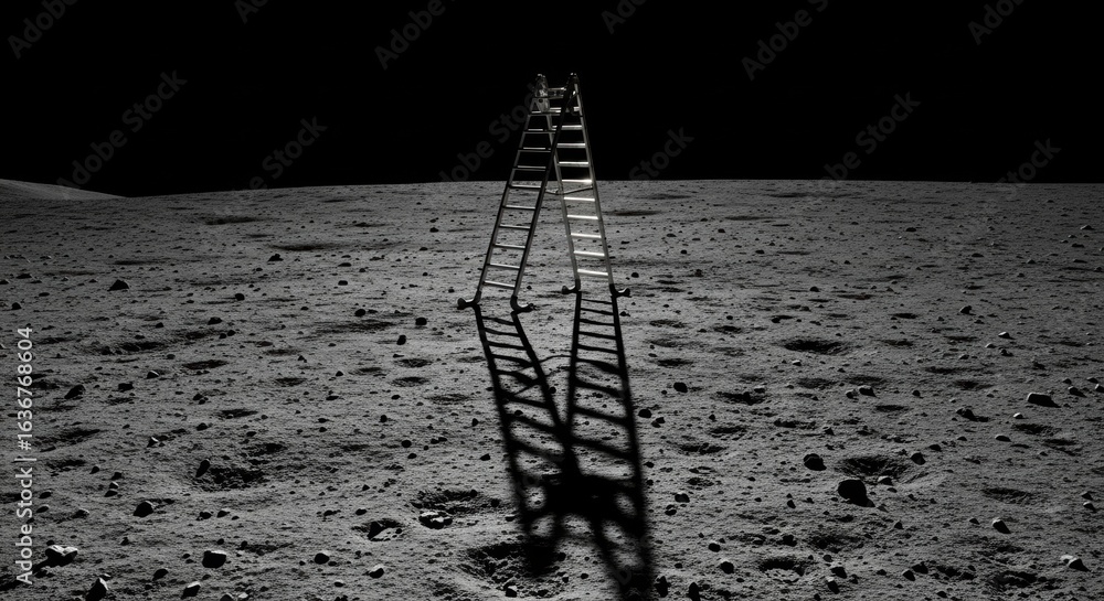 Poster a ladder standing on the surface of the moon casting a long shadow, representing ambition and achiev