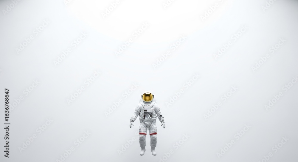 Poster astronaut man in white spacesuit with golden helmet in a clean white space environment and copy spac
