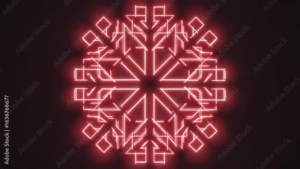 Poster red neon light forming an intricate geometric pattern, radiating outwards in a symmetrical arrangeme