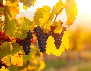 Autumn vineyard grapes at sunset