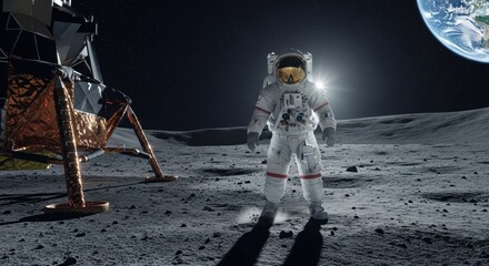 Astronaut standing near lunar module on the moon surface with earth in background, symbolizing space exploration.