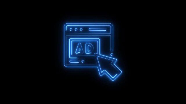 Neon Blue Cursor Clicking Advertisement Banner on Digital Screen Interface Glowing Effect