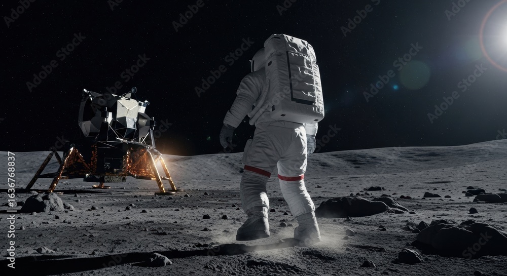 Poster an astronaut man on the moon surface with a spaceship lunar lander, reflecting future space explorat