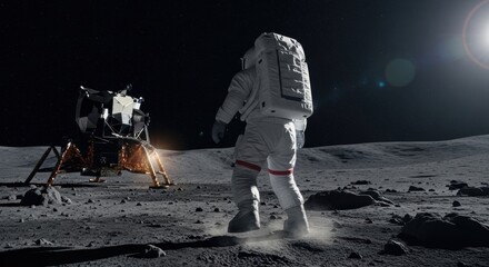 An astronaut man on the moon surface with a spaceship lunar lander, reflecting future space exploration and science.