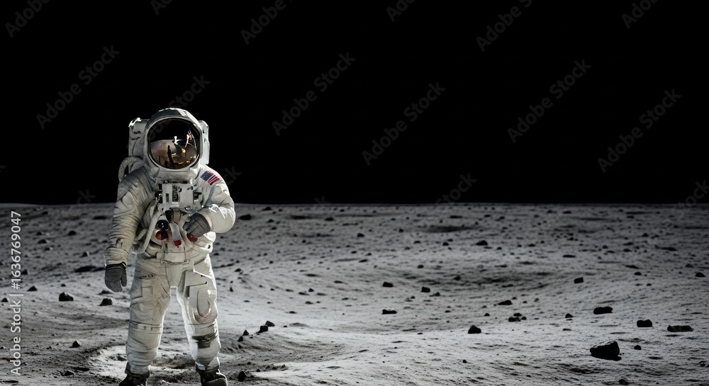 Poster an astronaut man in a spacesuit stands on the lunar surface, exploring the cosmos. space exploration