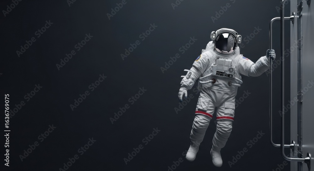 Aufkleber astronaut hanging onto a handle within a space station, floating in zero gravity. concept of space e