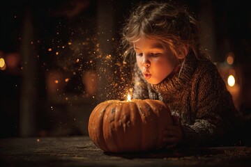 Kid blowing out candle inside pumpkin during magical night scene with warm lighting and cozy atmosphere Generative AI