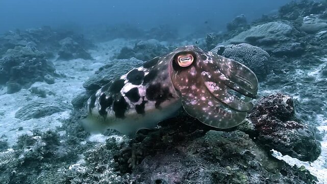 A cuttlefish &ndash; Sepia officinalis &ndash; displays a black and white cow-like pattern before shifting color while hovering above a Pacific reef near Siargao, Philippines. Check my portfolio for more cuttlefi