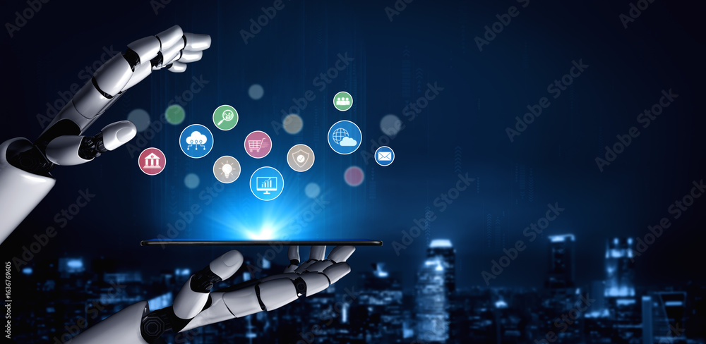Poster ai assists in organizing and visualizing a digital ecosystem of business icons to represent key serv