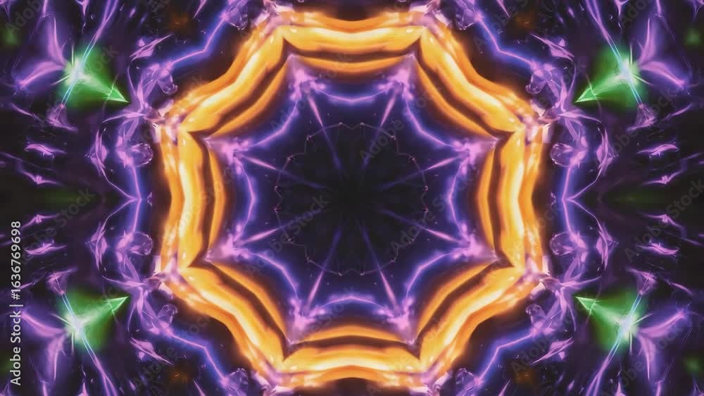 Poster orange and purple lights intertwine in a kaleidoscope design, creating a mesmerizing visual effect w