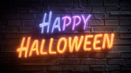 Happy Halloween Neon Sign on Brick Wall