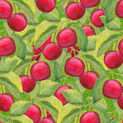 Cherry orchard. Seamless watercolor pattern of red cherries with green leaves.