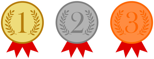 Gold, silver and bronze medals with ribbons flat vector icons for sports apps and websites.