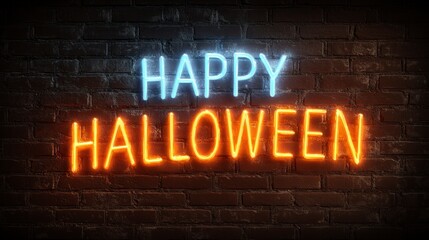 Happy Halloween Neon Sign on Brick Wall