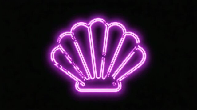 Glowing purple neon seashell sign represents beach vibes, summer holidays, and coastal decor, adding a touch of ocean magic to any space with its vibrant luminescence against a dark backdrop